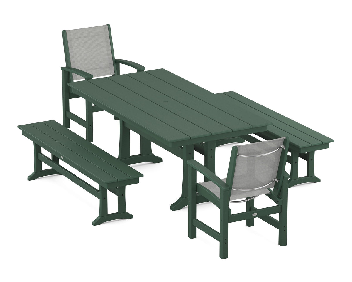 POLYWOOD Coastal 5-Piece Farmhouse Dining Set with Trestle Legs and Benches in Green / Metallic