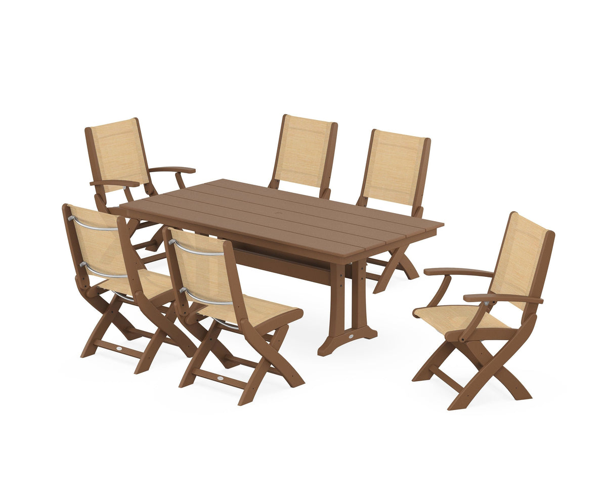 POLYWOOD Coastal Folding Chair 7-Piece Farmhouse Dining Set with Trestle Legs in Teak / Dupioni Apricot