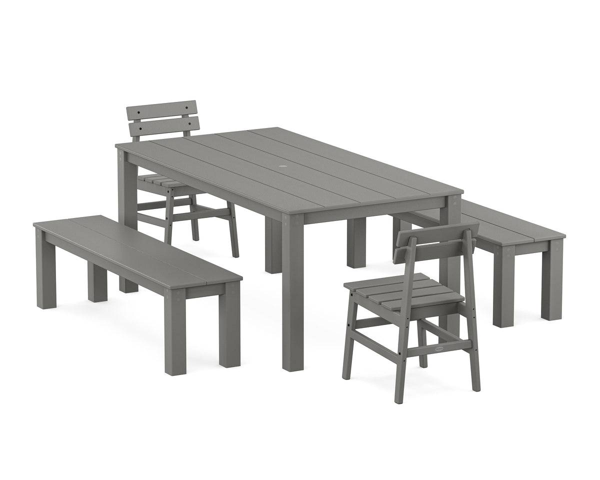 POLYWOOD Modern Studio Plaza Chair 5-Piece Parsons Dining Set with Benches - 38" x 72" Table in Slate Grey