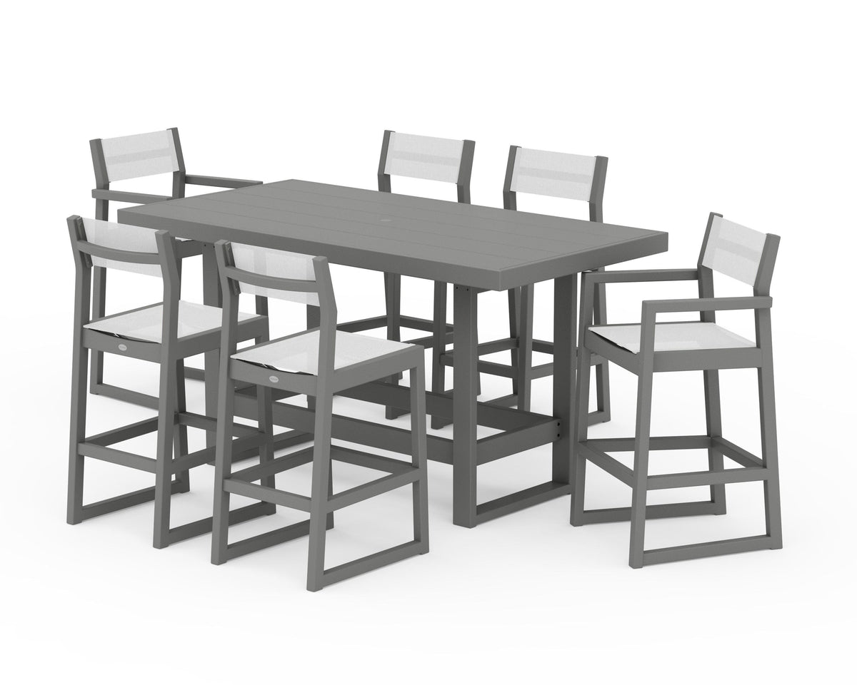 POLYWOOD EDGE Sling 7-Piece Bar Table Set in Slate Grey / White