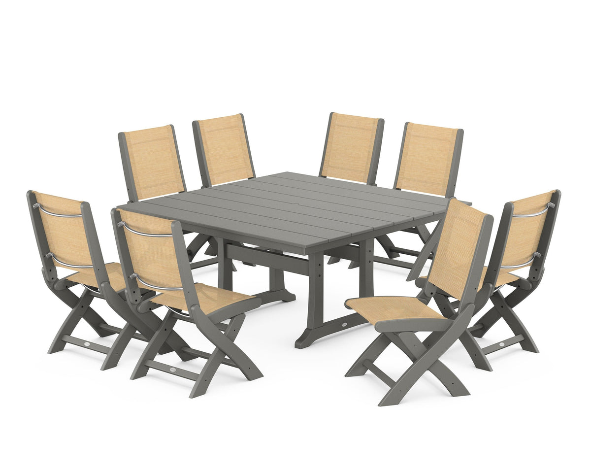 POLYWOOD Coastal Folding Side Chair 9-Piece Farmhouse Dining Set in Slate Grey / Dupioni Apricot