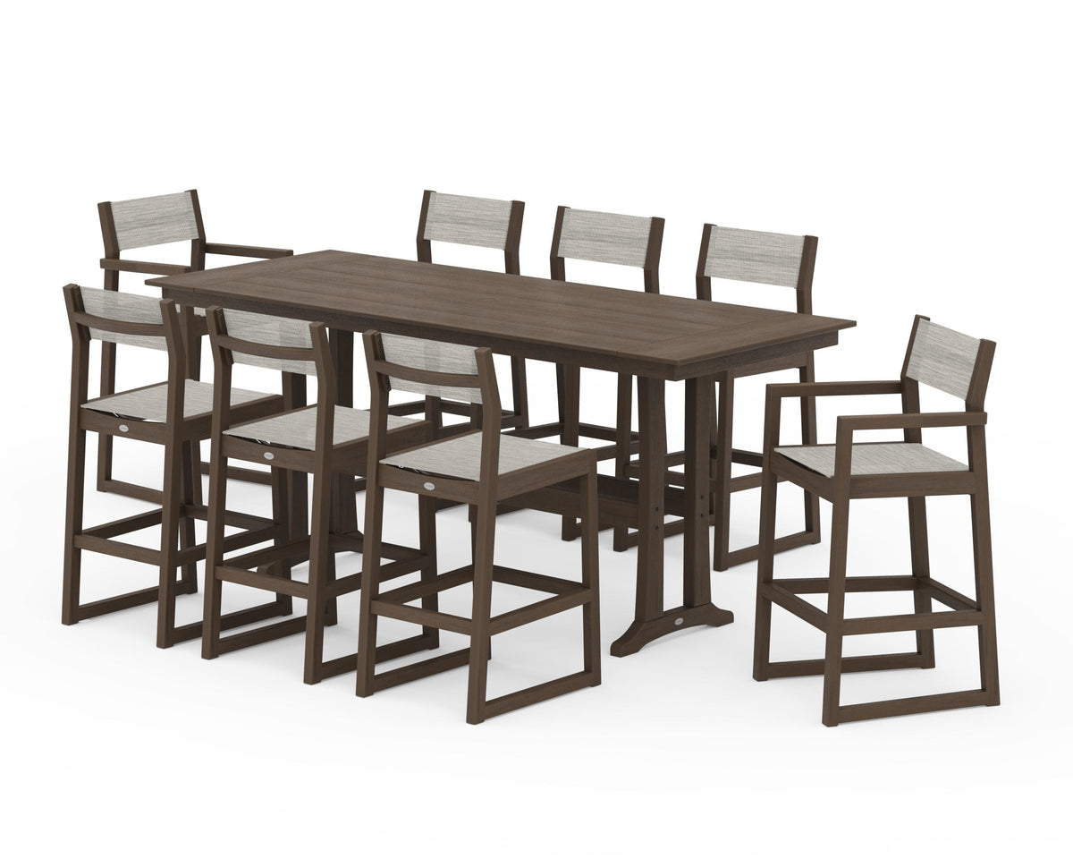 POLYWOOD EDGE Sling 9-Piece Farmhouse Bar Set with Trestle Legs in Kona / Birch