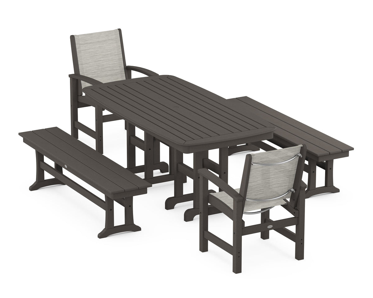 POLYWOOD Coastal 5-Piece Dining Set with Nautical 37" x 72" Dining Table in Vintage Coffee / Birch