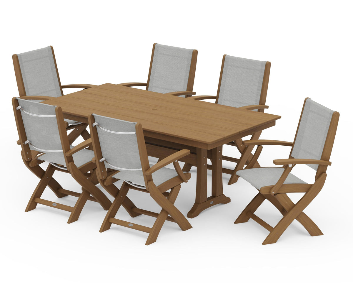 POLYWOOD Coastal Folding Arm Chair 7-Piece Farmhouse Dining Set with Trestle Legs in Natural / Metallic