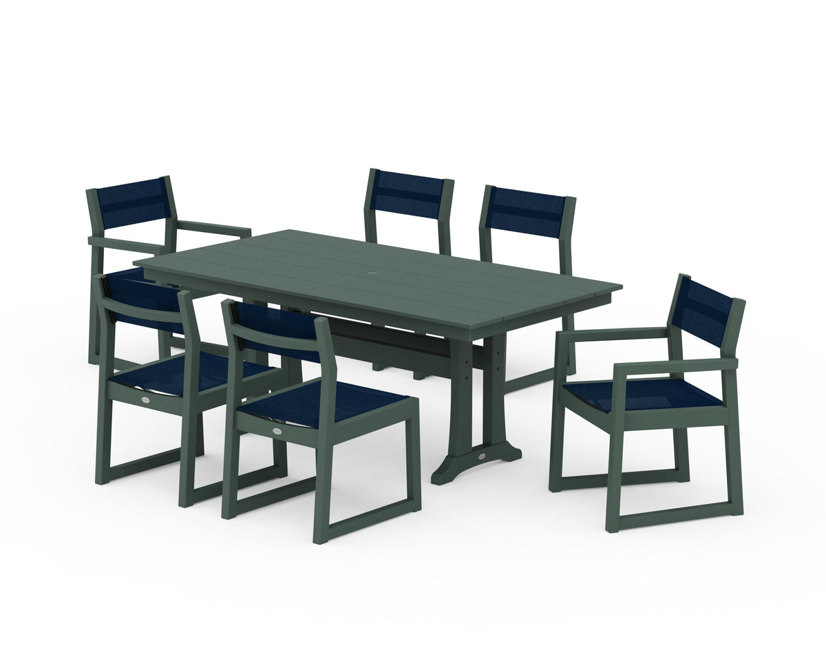 POLYWOOD EDGE Sling 7-Piece Farmhouse Trestle Dining Set in Green / Navy Blue