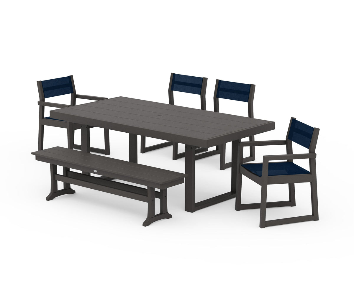 POLYWOOD EDGE Sling 6-Piece Dining Set with Bench in Vintage Coffee / Navy Blue