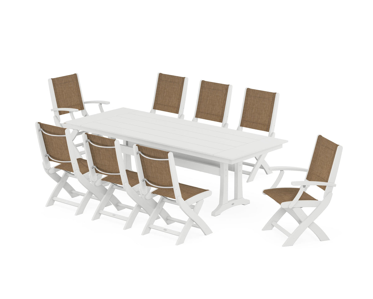 POLYWOOD Coastal 9-Piece Folding Dining Chair Farmhouse Dining Set with Trestle Legs in White / Burlap