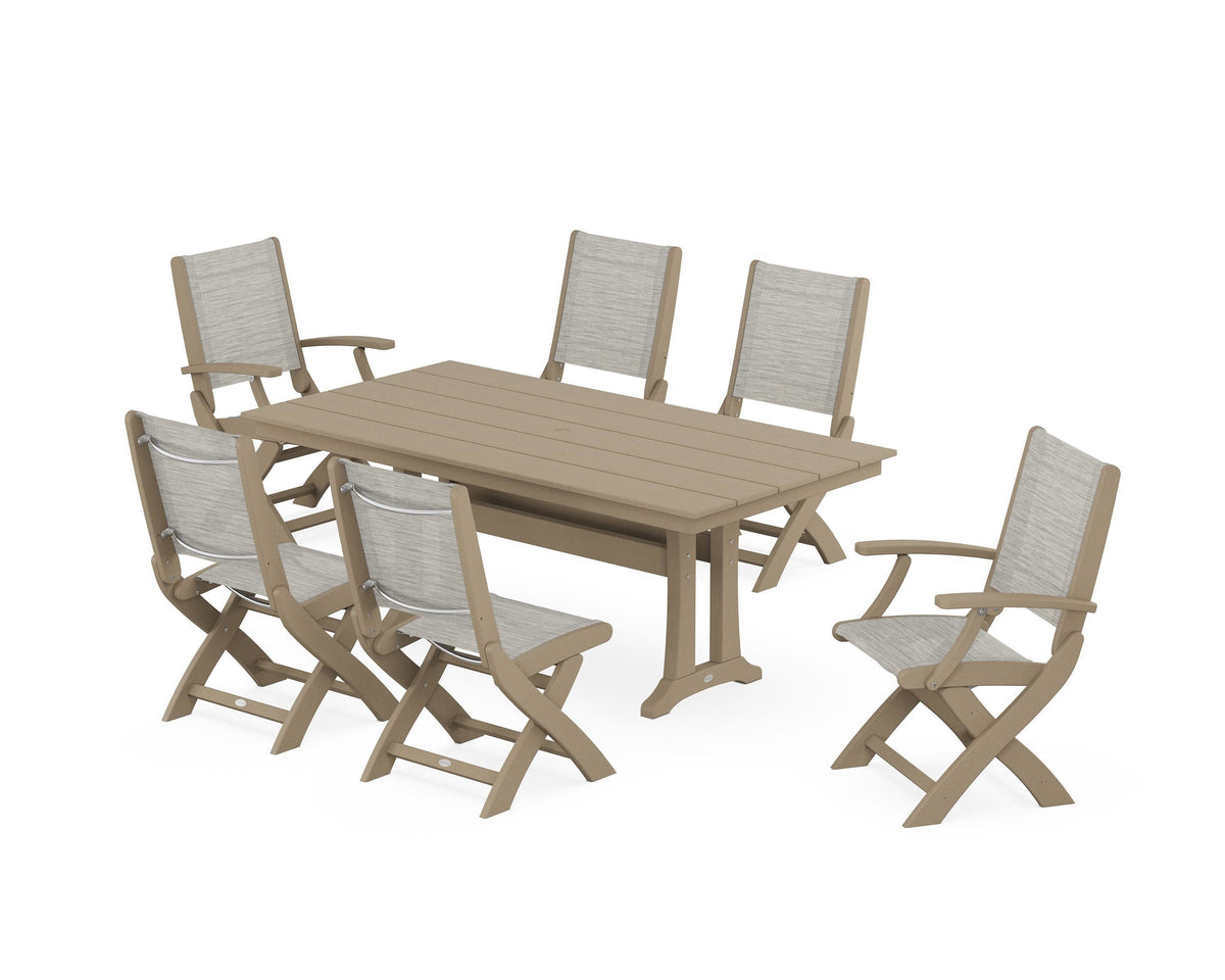 POLYWOOD Coastal Folding Chair 7-Piece Farmhouse Dining Set with Trestle Legs in Vintage Sahara / Birch