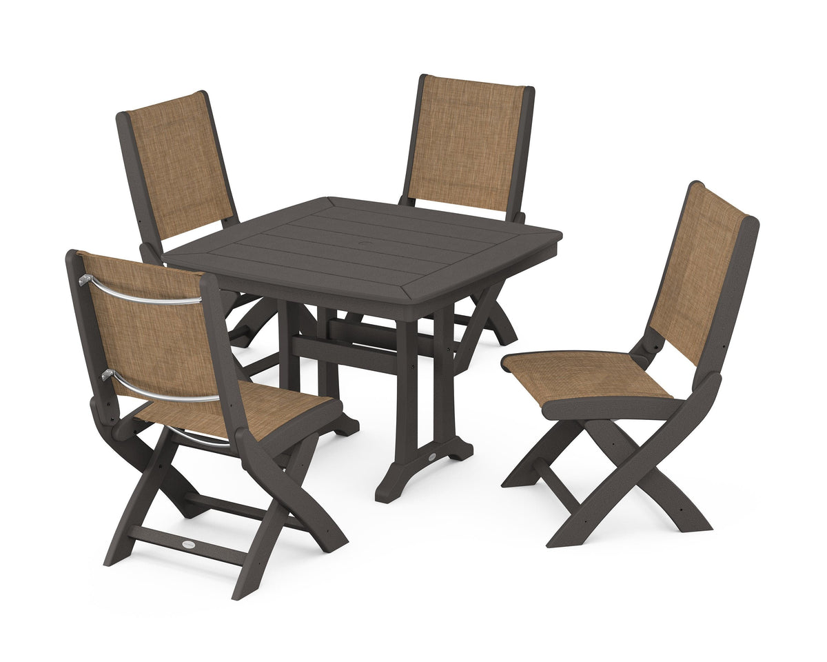 POLYWOOD Coastal Folding Side Chair 5-Piece Dining Set with Trestle Legs in Vintage Coffee / Burlap