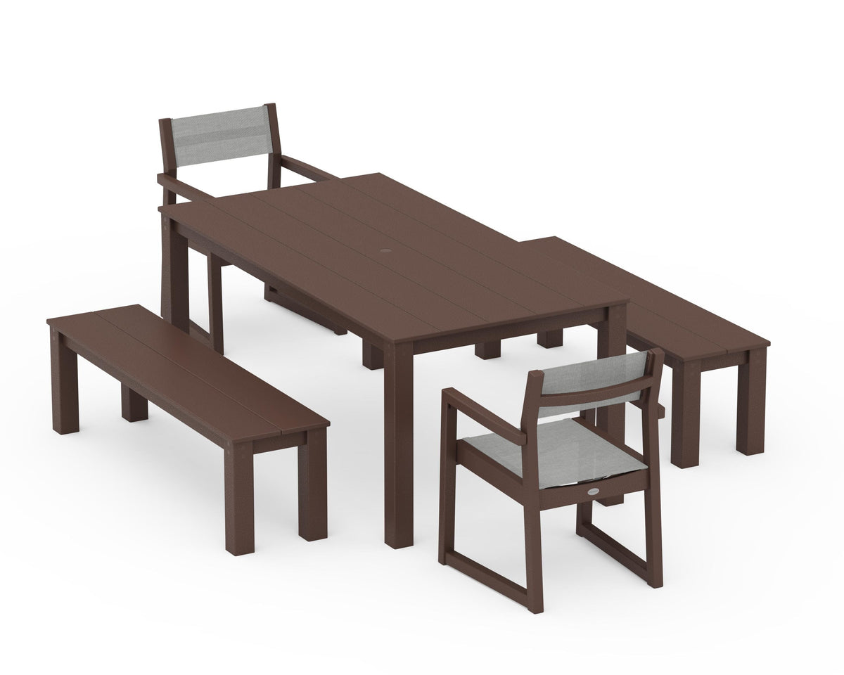 POLYWOOD EDGE Sling Arm Chair 5-Piece Parsons Dining Set with Benches in Mahogany / Metallic