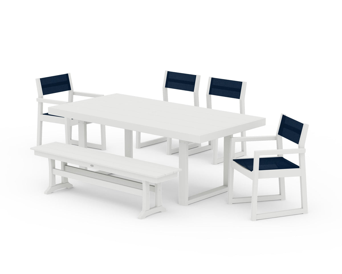 POLYWOOD EDGE Sling 6-Piece Dining Set with Bench in Vintage White / Navy Blue