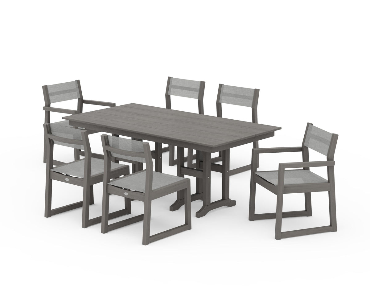 POLYWOOD EDGE Sling 7-Piece Farmhouse Dining Set in Driftwood / Metallic