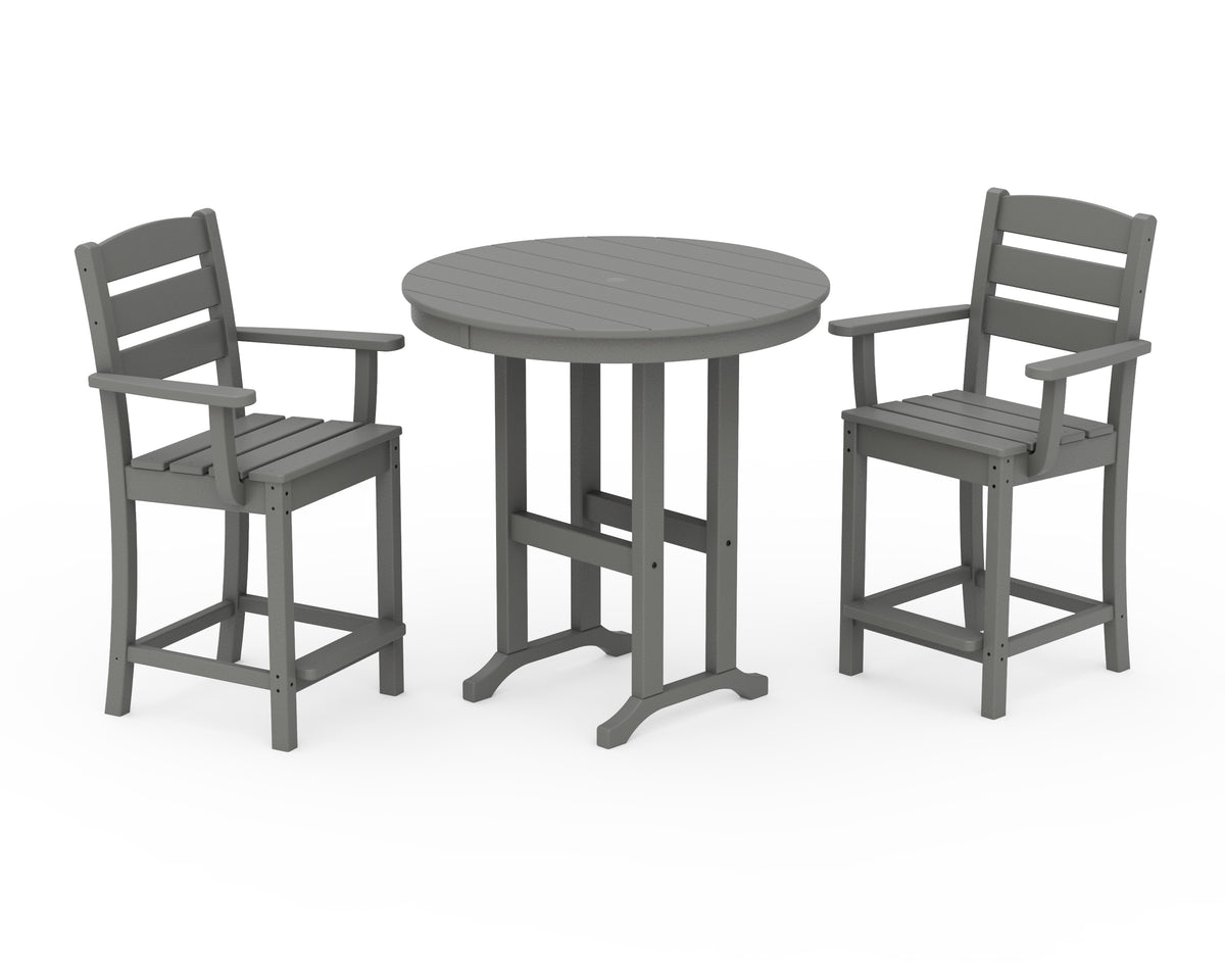 POLYWOOD Lakeside 3-Piece Round Farmhouse Arm Chair Counter Set in Slate Grey