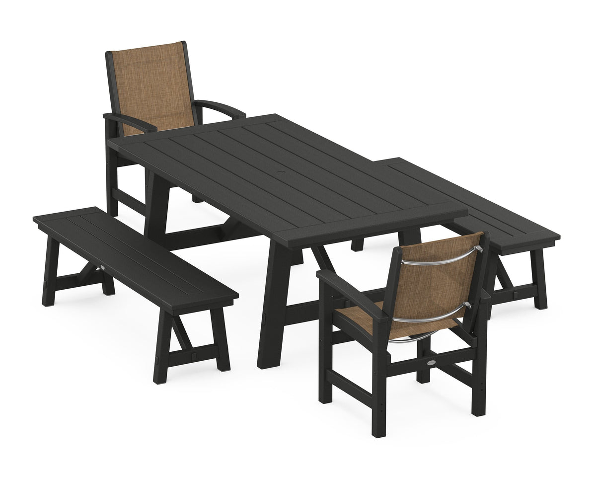 POLYWOOD Coastal 5-Piece Rustic Farmhouse Dining Set With Benches in Black / Burlap