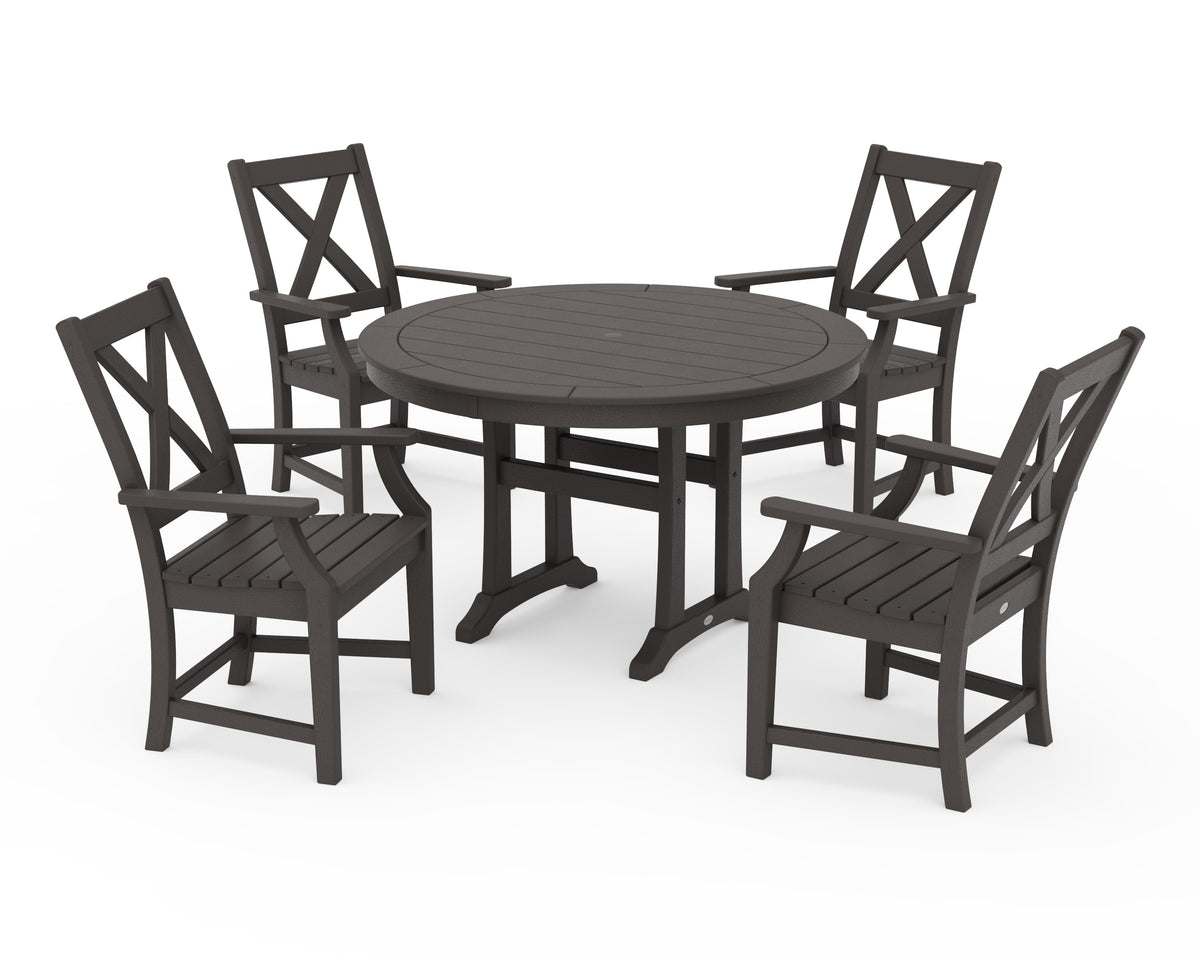 POLYWOOD Braxton 5-Piece Nautical Trestle Arm Chair Dining Set in Vintage Coffee