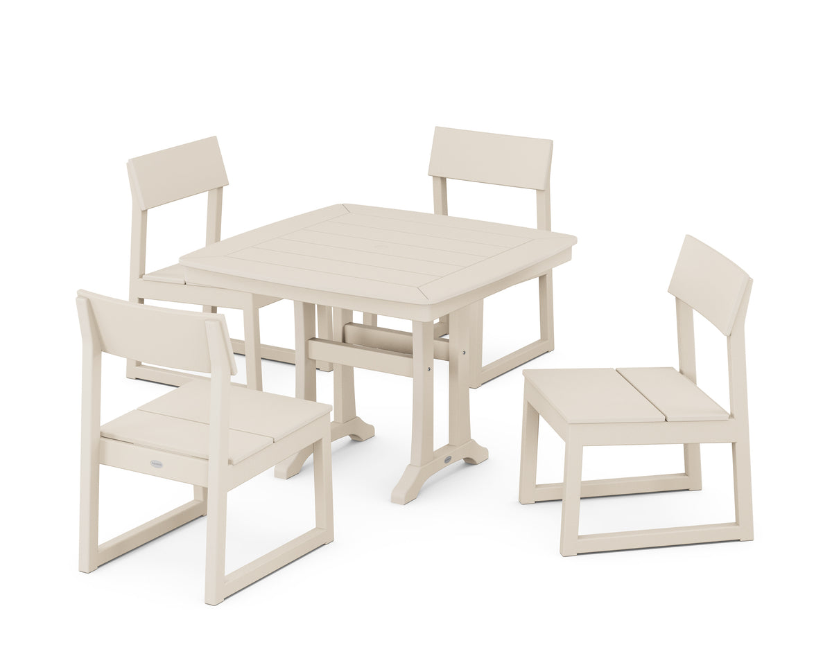 POLYWOOD EDGE Side Chair 5-Piece Dining Set with Trestle Legs (Nautical Trestle 37" Table) in Sand