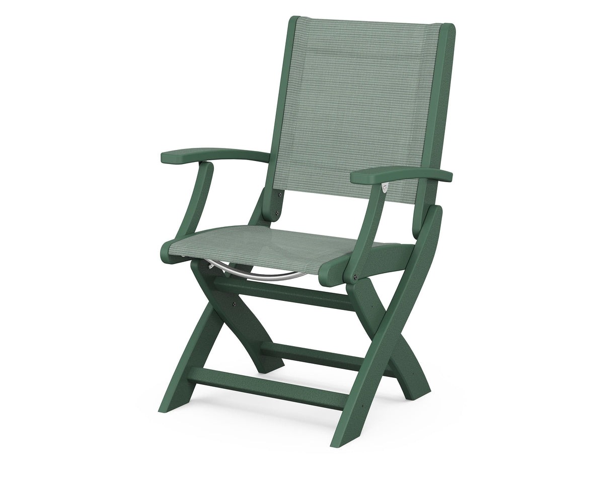 POLYWOOD Coastal Folding Chair in Green with Green arms and Dupioni Sea Mist sling