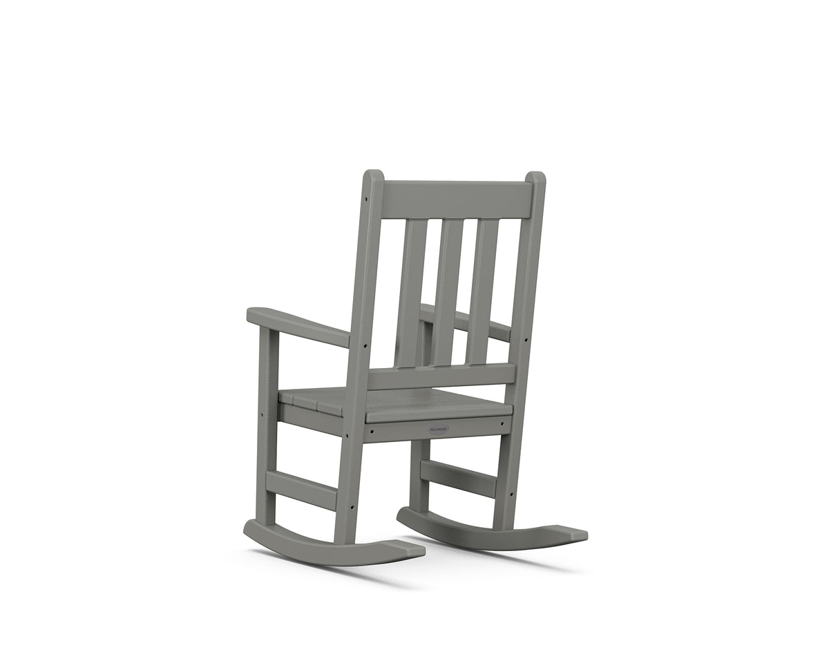 Angled view of the POLYWOOD Kids Vineyard Rocking Chair in Slate Grey