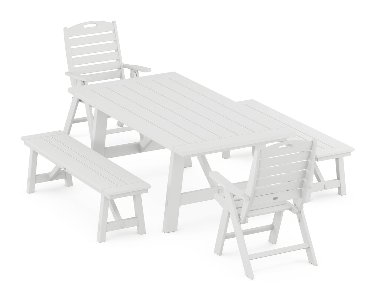 POLYWOOD Nautical Folding Highback Chair 5-Piece Rustic Farmhouse Dining Set with Benches in White