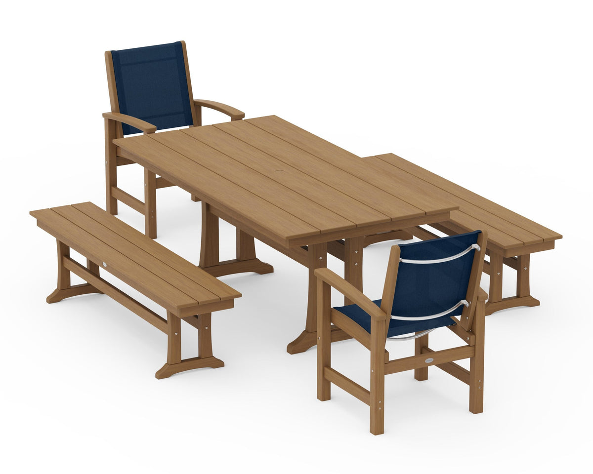 POLYWOOD Coastal 5-Piece Farmhouse Dining Set with Trestle Legs and Benches in Natural / Navy Blue