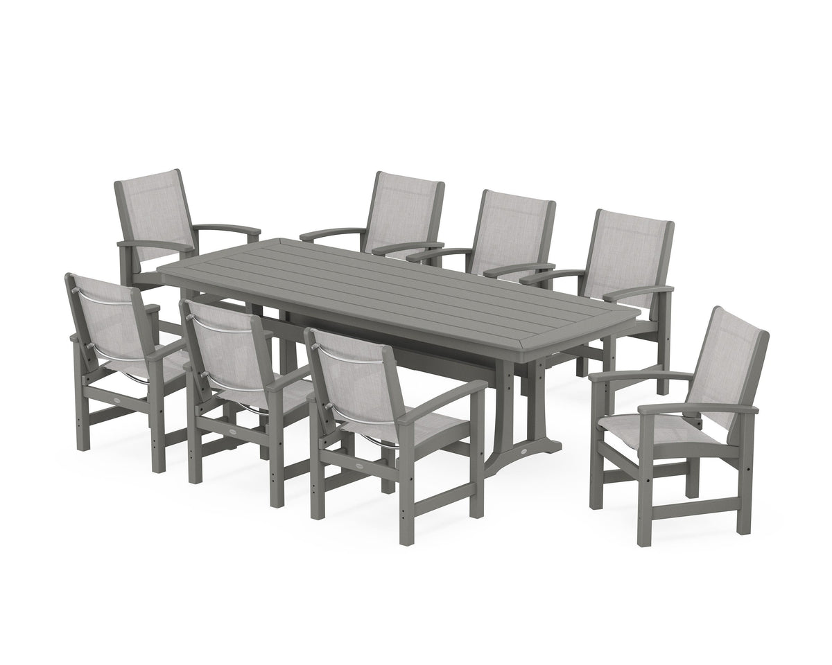 POLYWOOD Coastal 9-Piece Dining Set with Trestle Legs in Slate Grey / Parchment