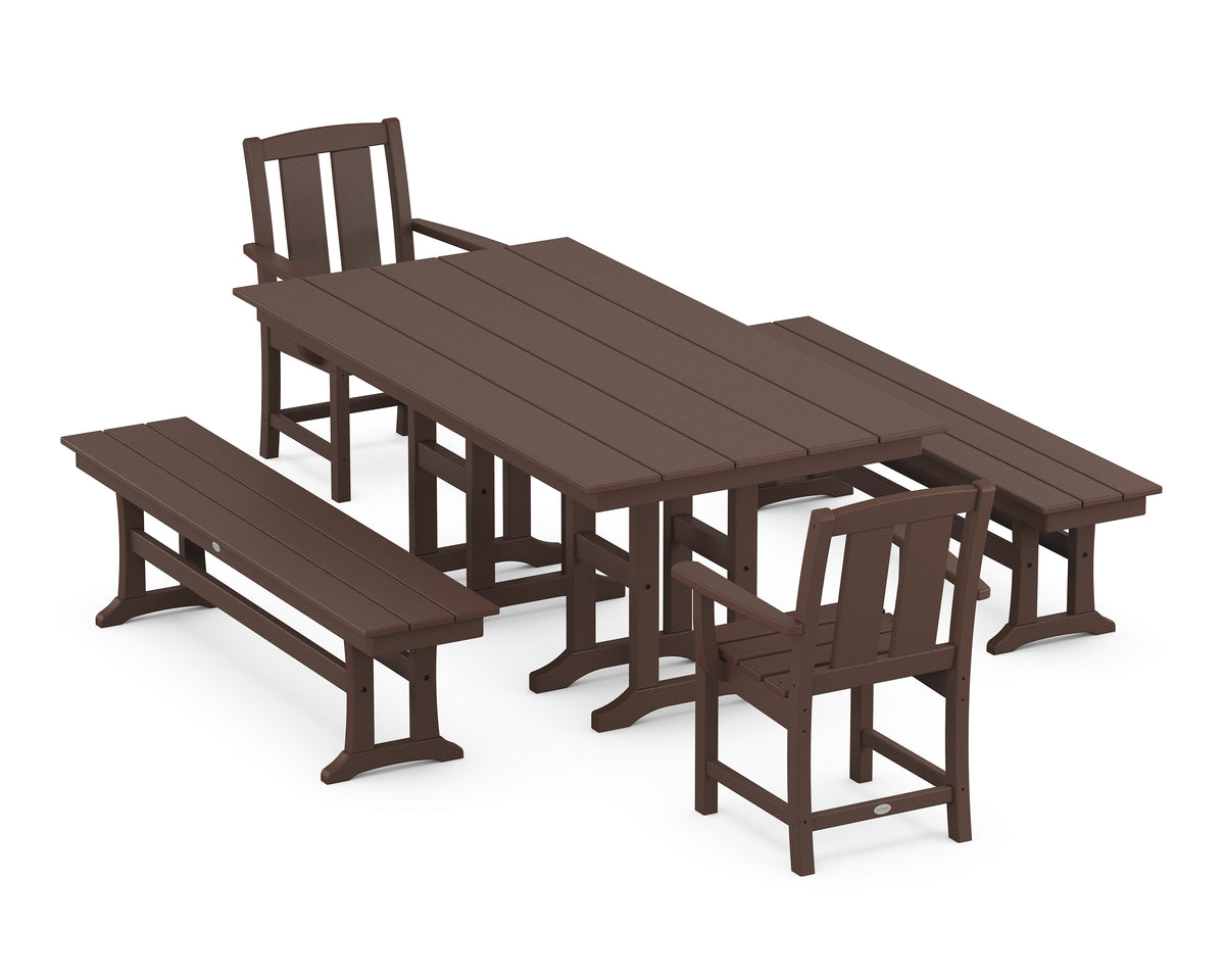 POLYWOOD Mission 5-Piece Farmhouse Dining Set with Benches in Mahogany
