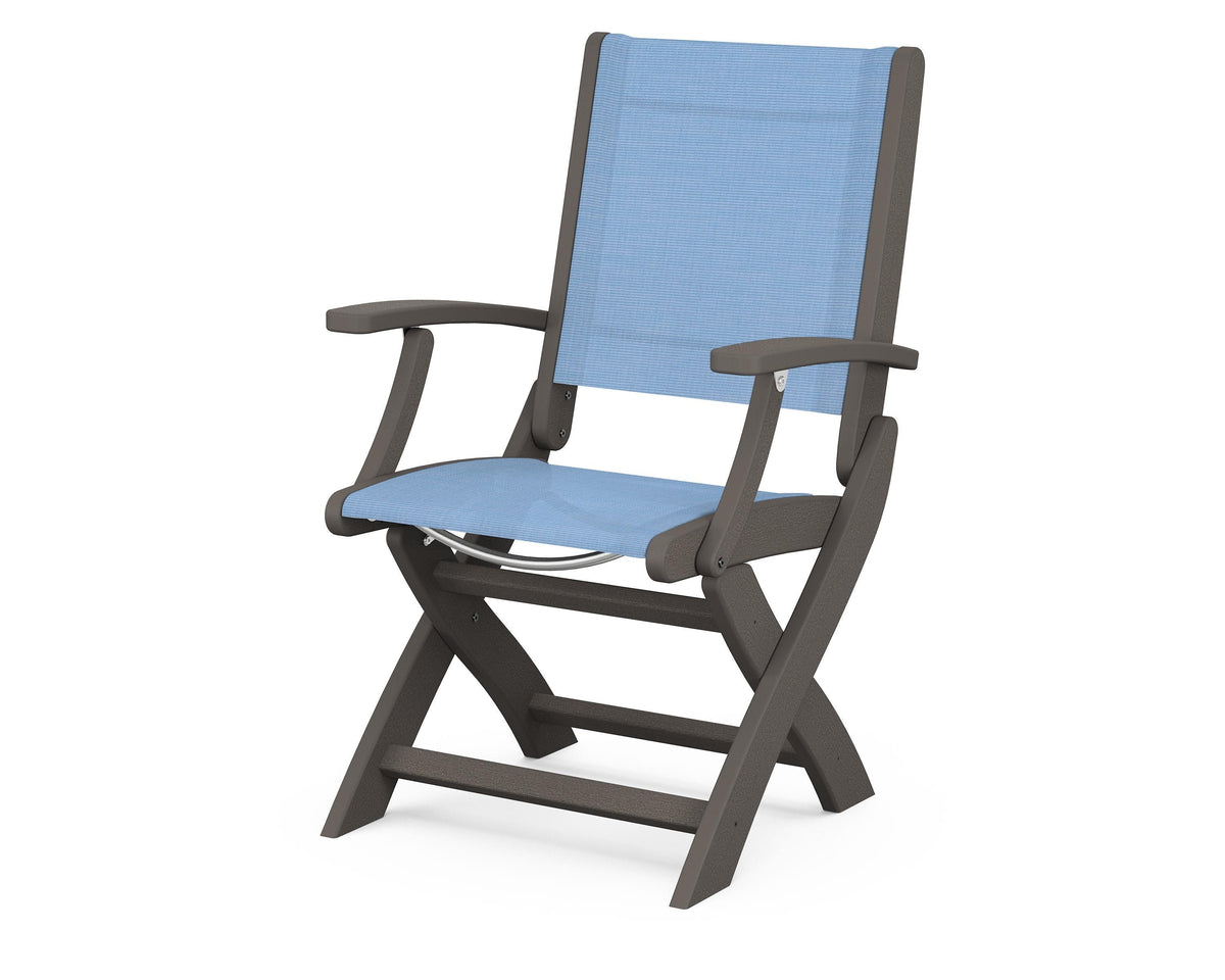 POLYWOOD Coastal Folding Chair in Vintage Coffee with Vintage Coffee arms and Poolside sling