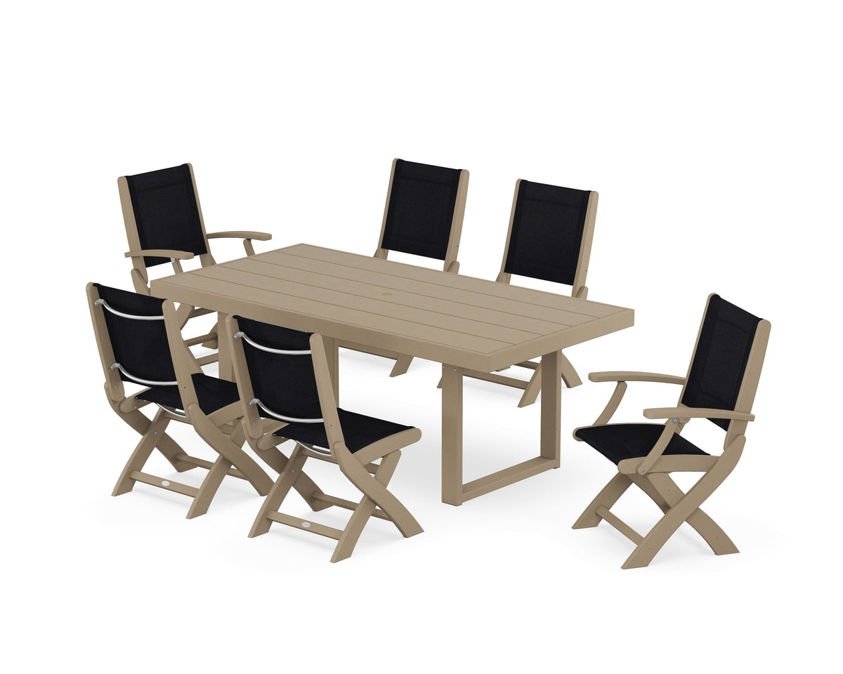 POLYWOOD Coastal Folding Chair 7-Piece Dining Set with Trestle Legs with EDGE 40" x 78" Dining Table in Vintage Sahara / Black