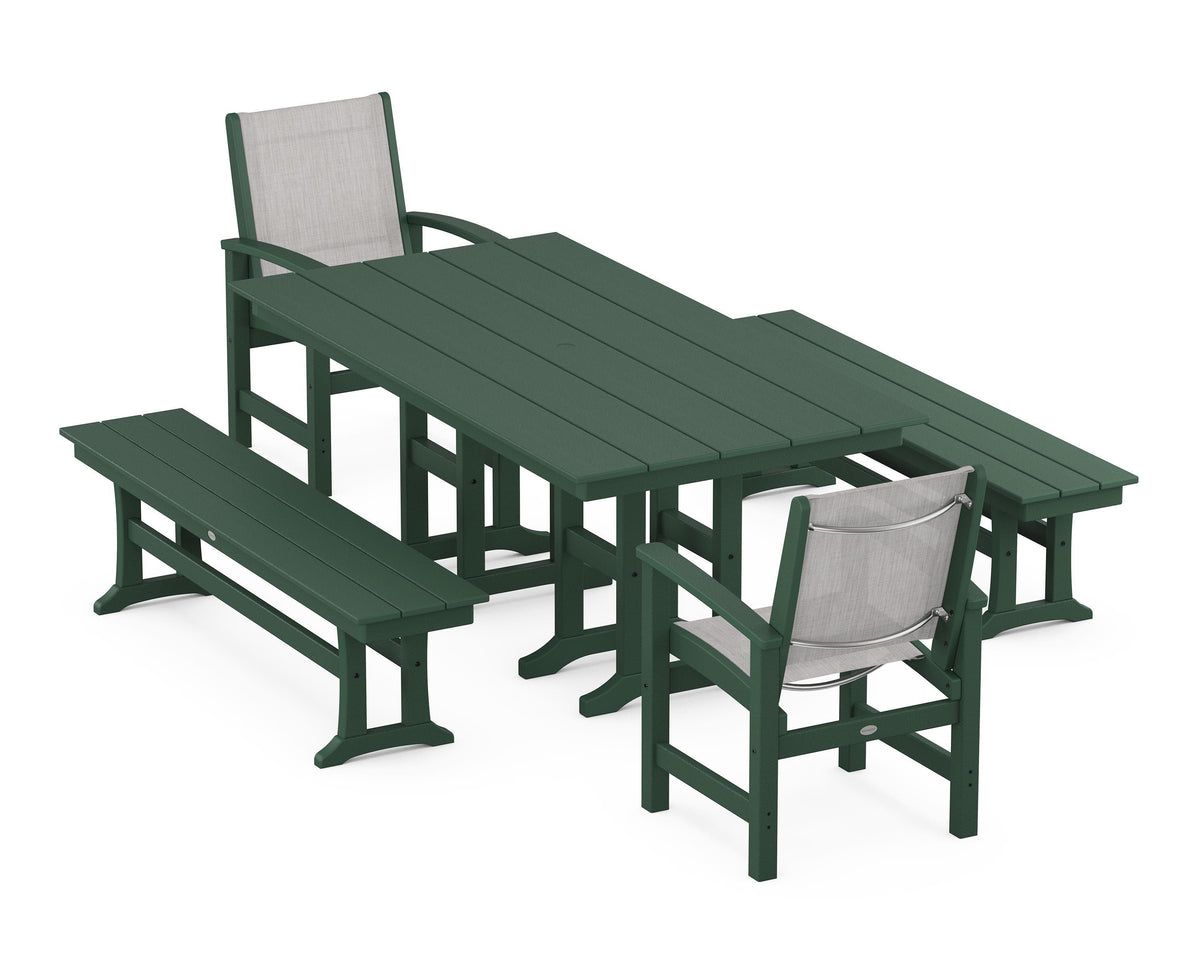 POLYWOOD Coastal 5-Piece Farmhouse Dining Set with Farmhouse 37" x 72" Dining Table in Green / Parchment
