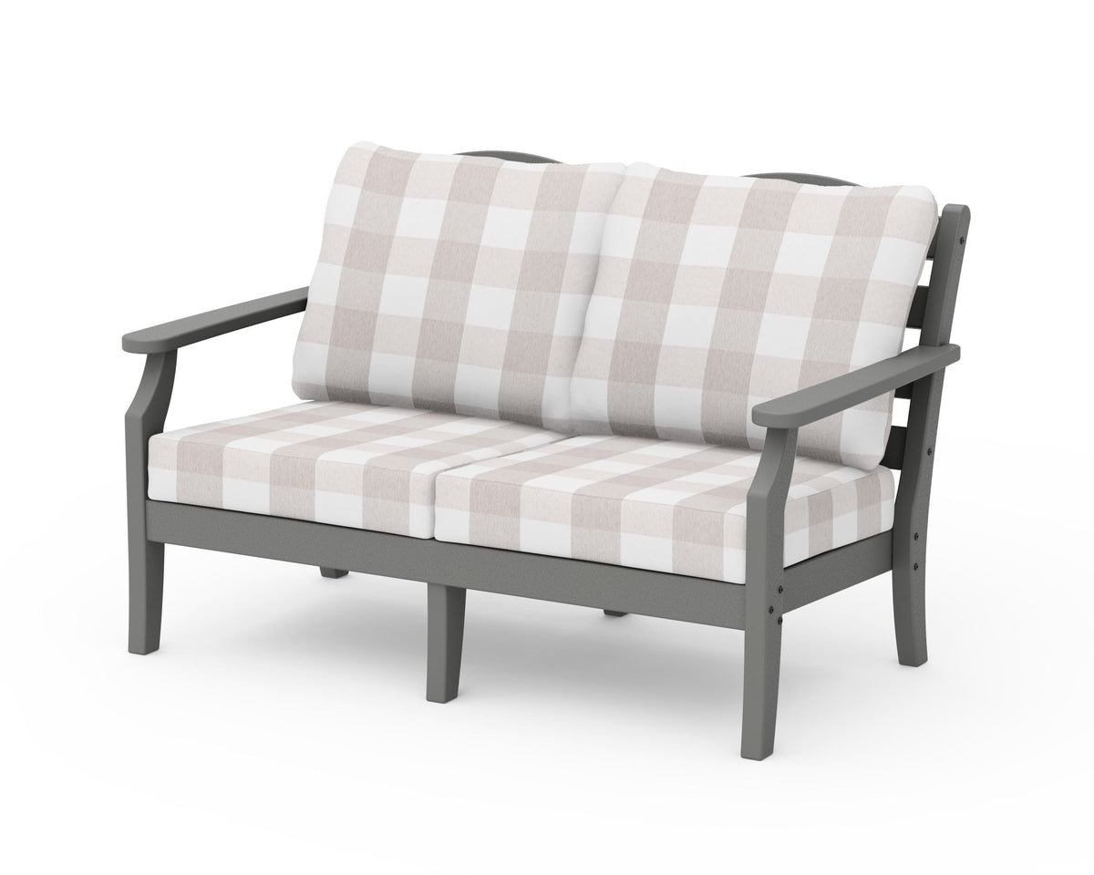 POLYWOOD Savannah Deep Seating Loveseat in Slate Grey / Buffalo Plaid Dune Burlap
