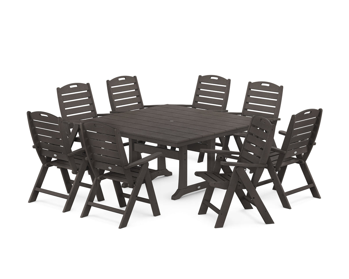 POLYWOOD Nautical Highback 9-Piece Square Farmhouse Dining Set with Trestle Legs in Vintage Coffee