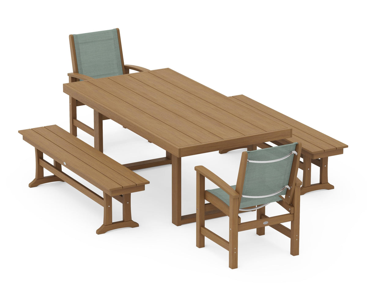 POLYWOOD Coastal 5-Piece Dining Set with Trestle Legs with EDGE 40" x 78" Dining Table in Natural / Dupioni Sea Mist