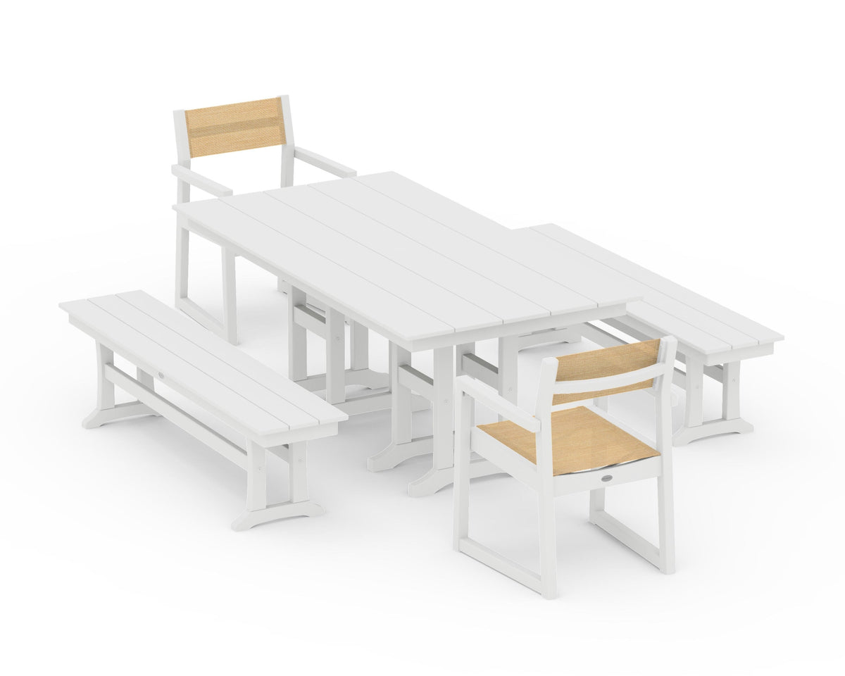 POLYWOOD EDGE Sling Arm Chair 5-Piece Farmhouse Dining Set with Benches in White / Dupioni Apricot