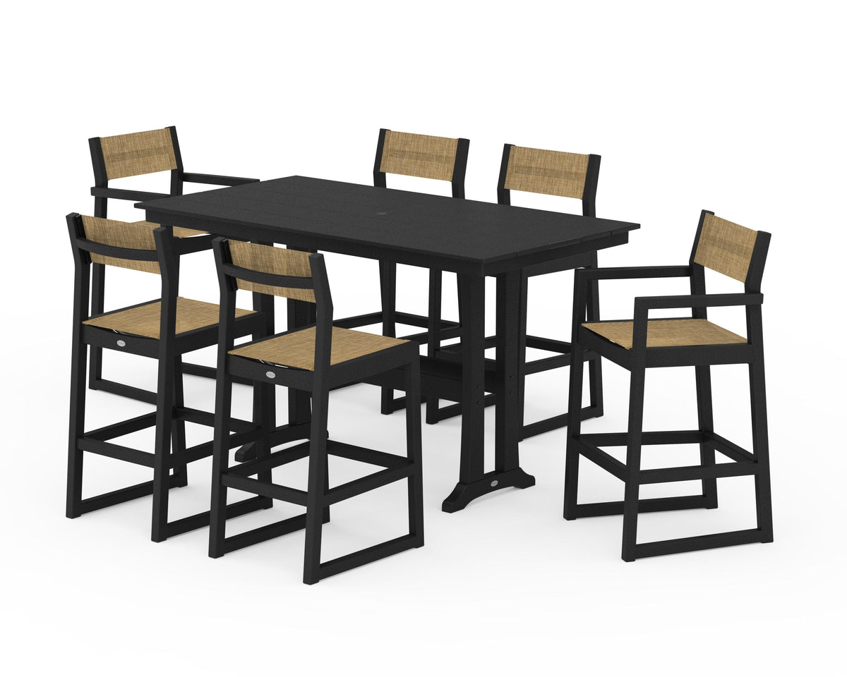 POLYWOOD EDGE Sling 7-Piece Farmhouse Bar Set with Trestle Legs in Black / Burlap
