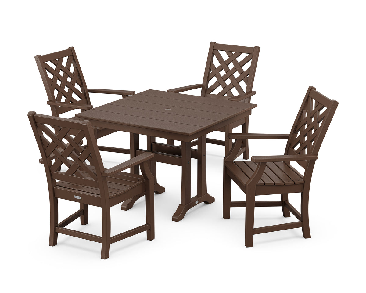 POLYWOOD Wovendale 5-Piece Farmhouse Dining Set with Trestle Legs in Mahogany