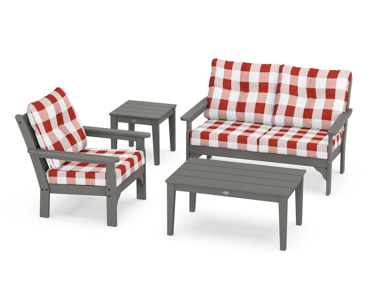 POLYWOOD Vineyard 4-Piece Deep Seating Set with 36" Coffee Table in Slate Grey / Buffalo Plaid Crimson