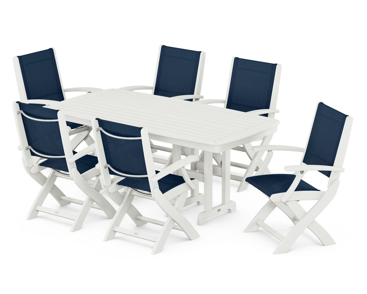 POLYWOOD Coastal Folding Arm Chair 7-Piece Dining Set in Vintage White / Navy Blue