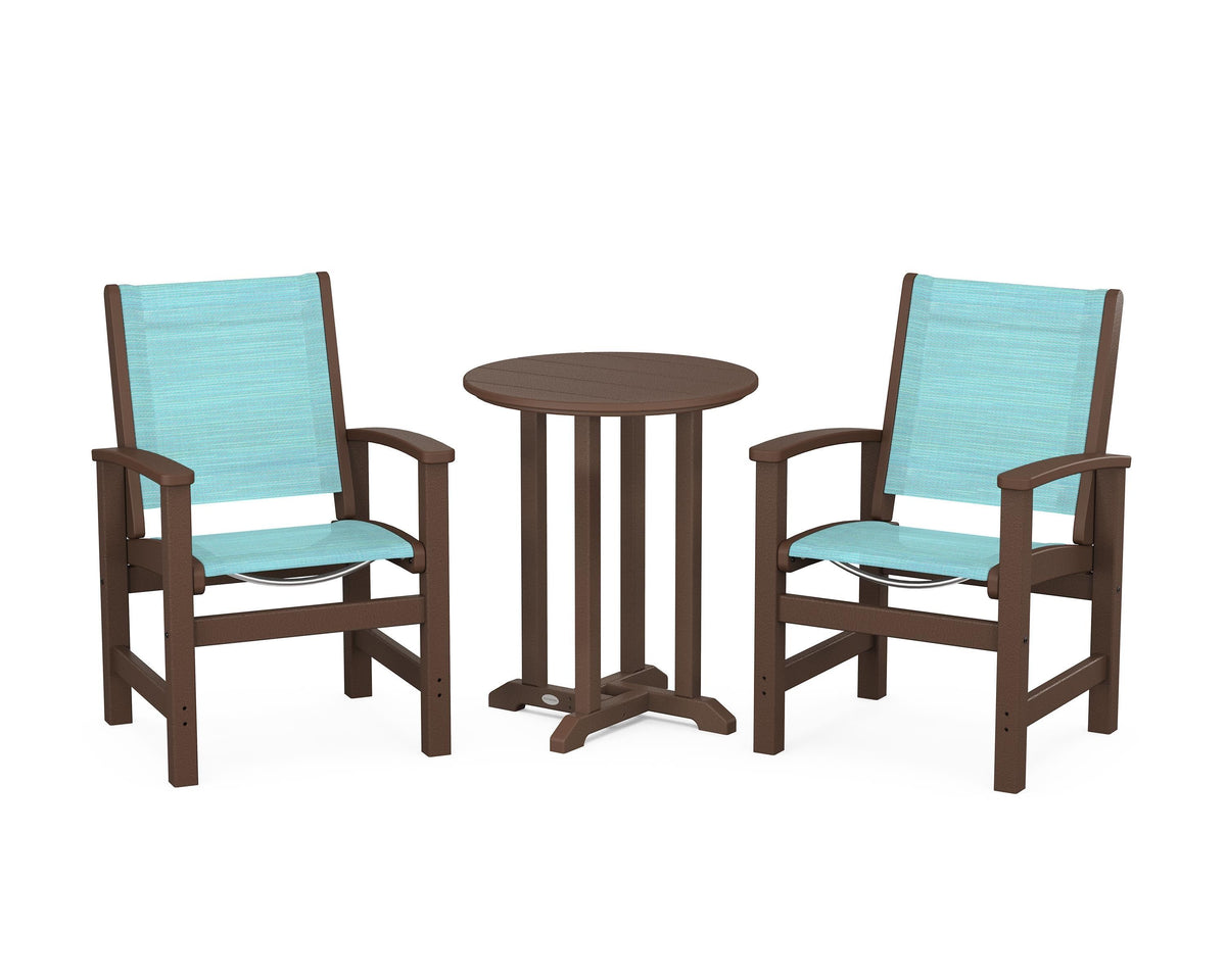 POLYWOOD Coastal 3-Piece Round Bistro Dining Set in Mahogany / Dupioni Aquamarine