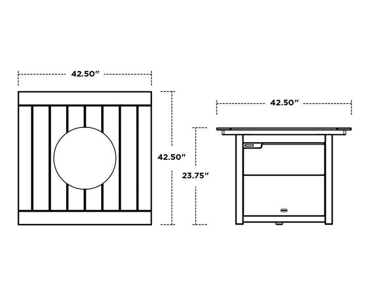 POLYWOOD Square 42" Fire Pit Table dimension drawing with width, depth and height measurements