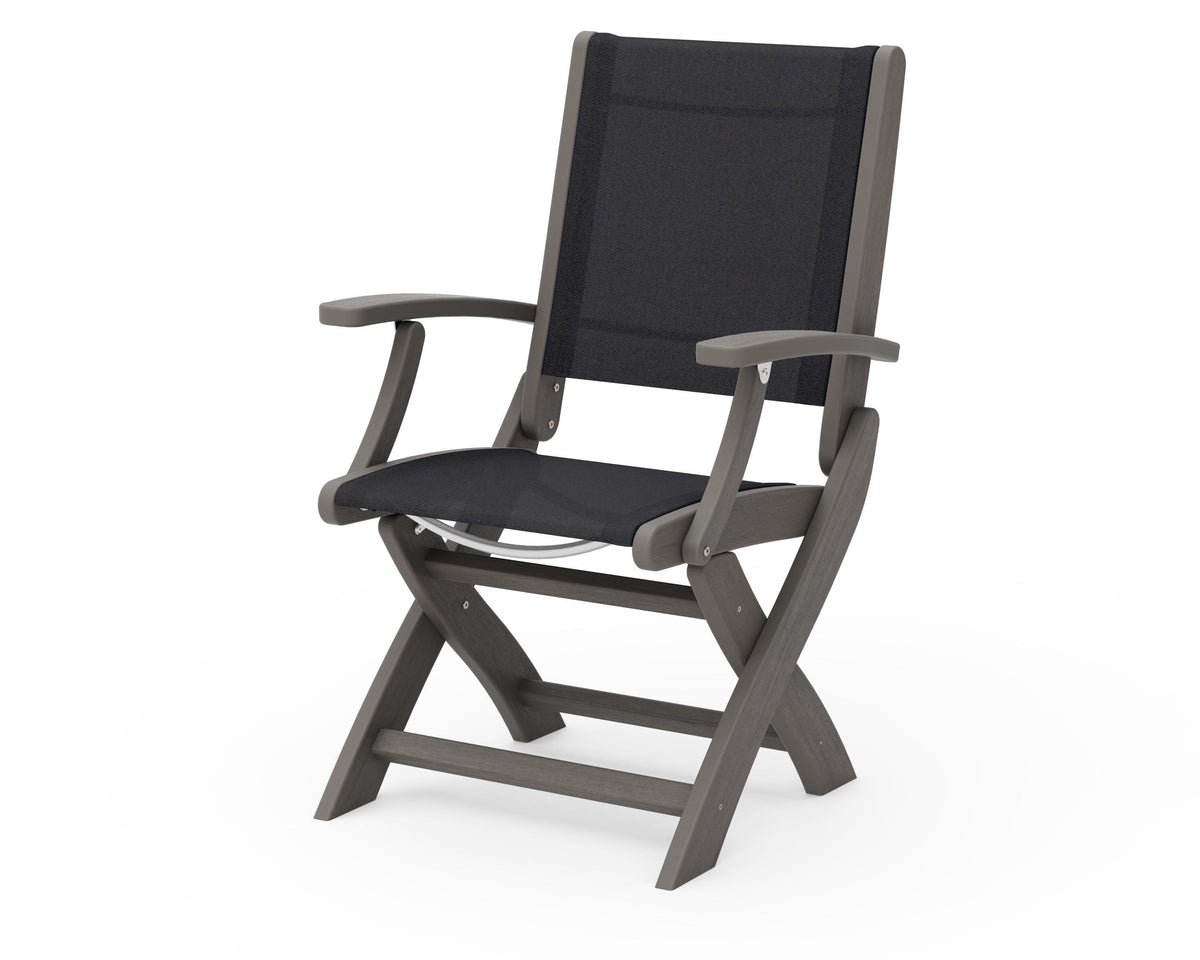 POLYWOOD Coastal Folding Chair in Driftwood with Driftwood arms and Black sling
