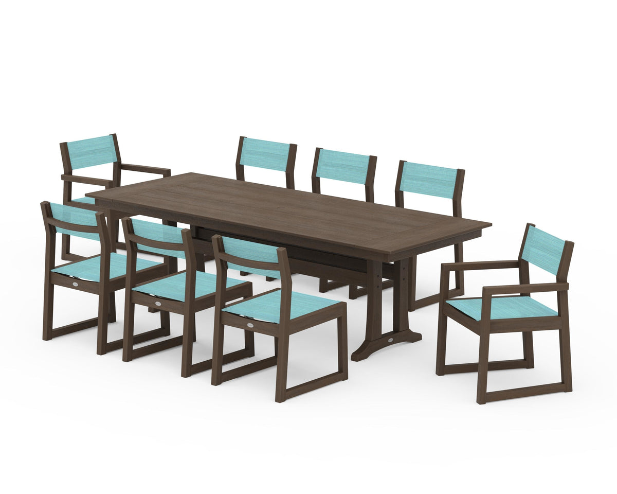 POLYWOOD EDGE Sling 9-Piece Farmhouse Trestle Dining Set in Kona / Dupioni Aquamarine