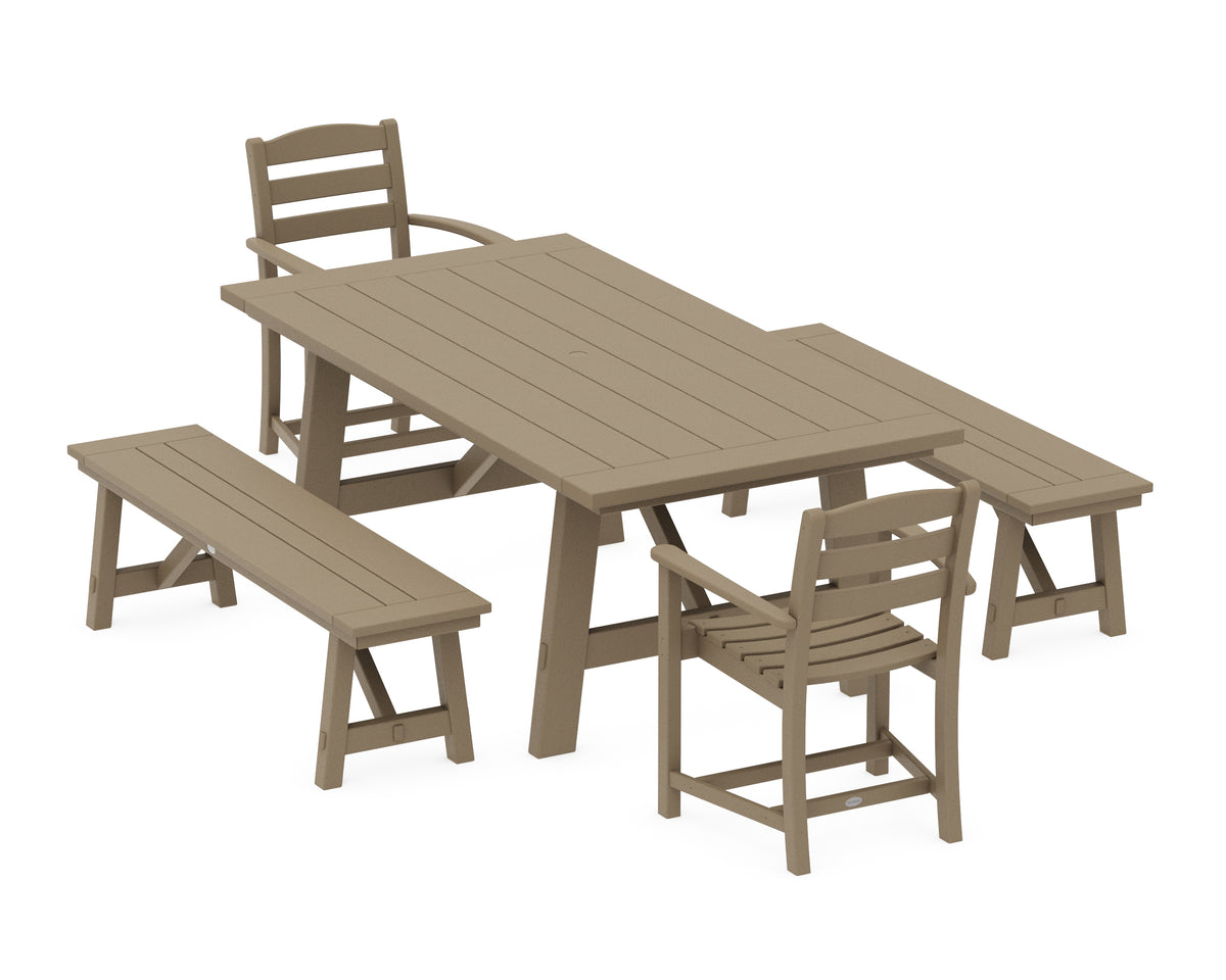 POLYWOOD La Casa Café 5-Piece Rustic Farmhouse Dining Set with Benches in Vintage Sahara