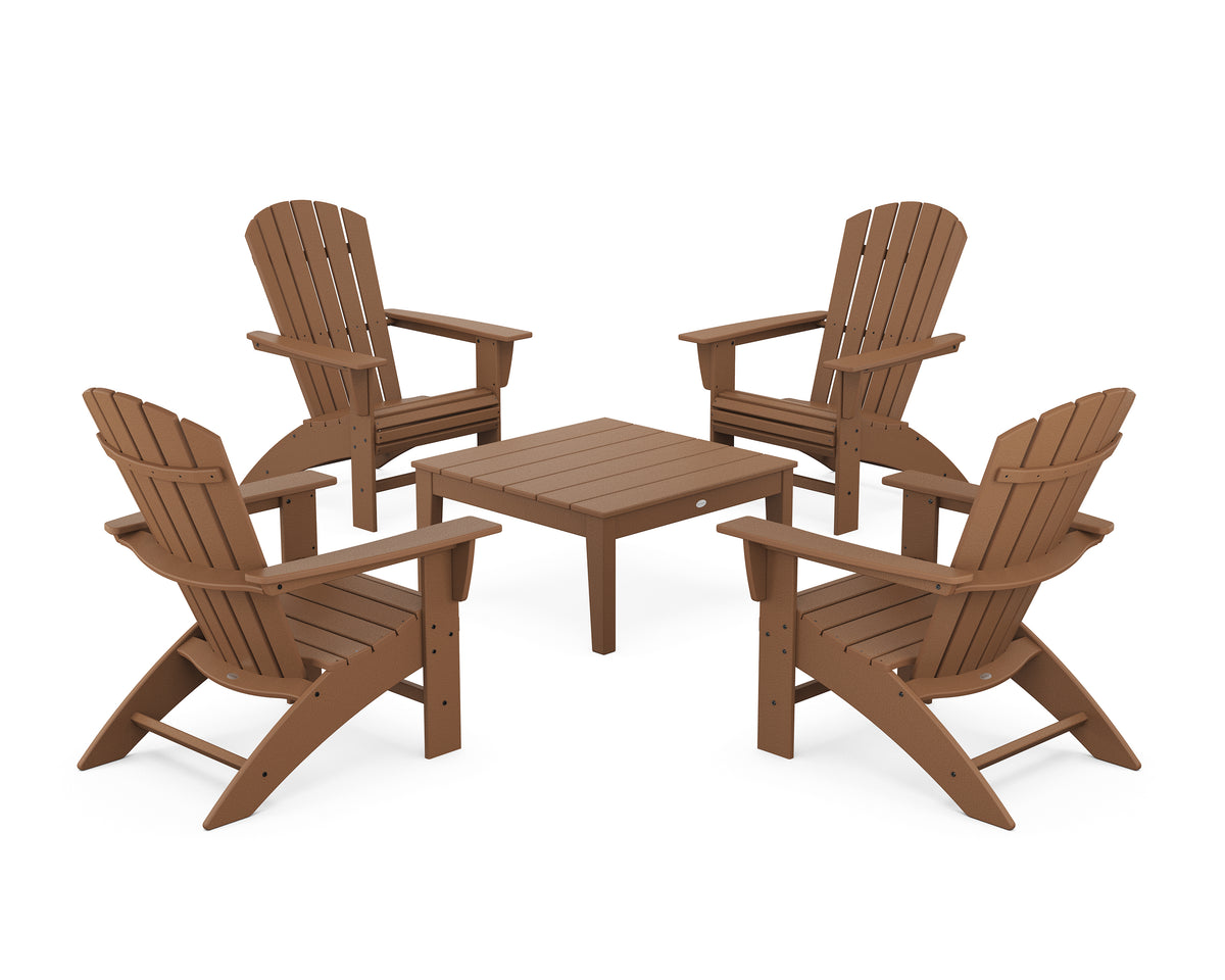 POLYWOOD 5-Piece Nautical Curveback Adirondack Chair Conversation Set with 36" Conversation Table in Teak