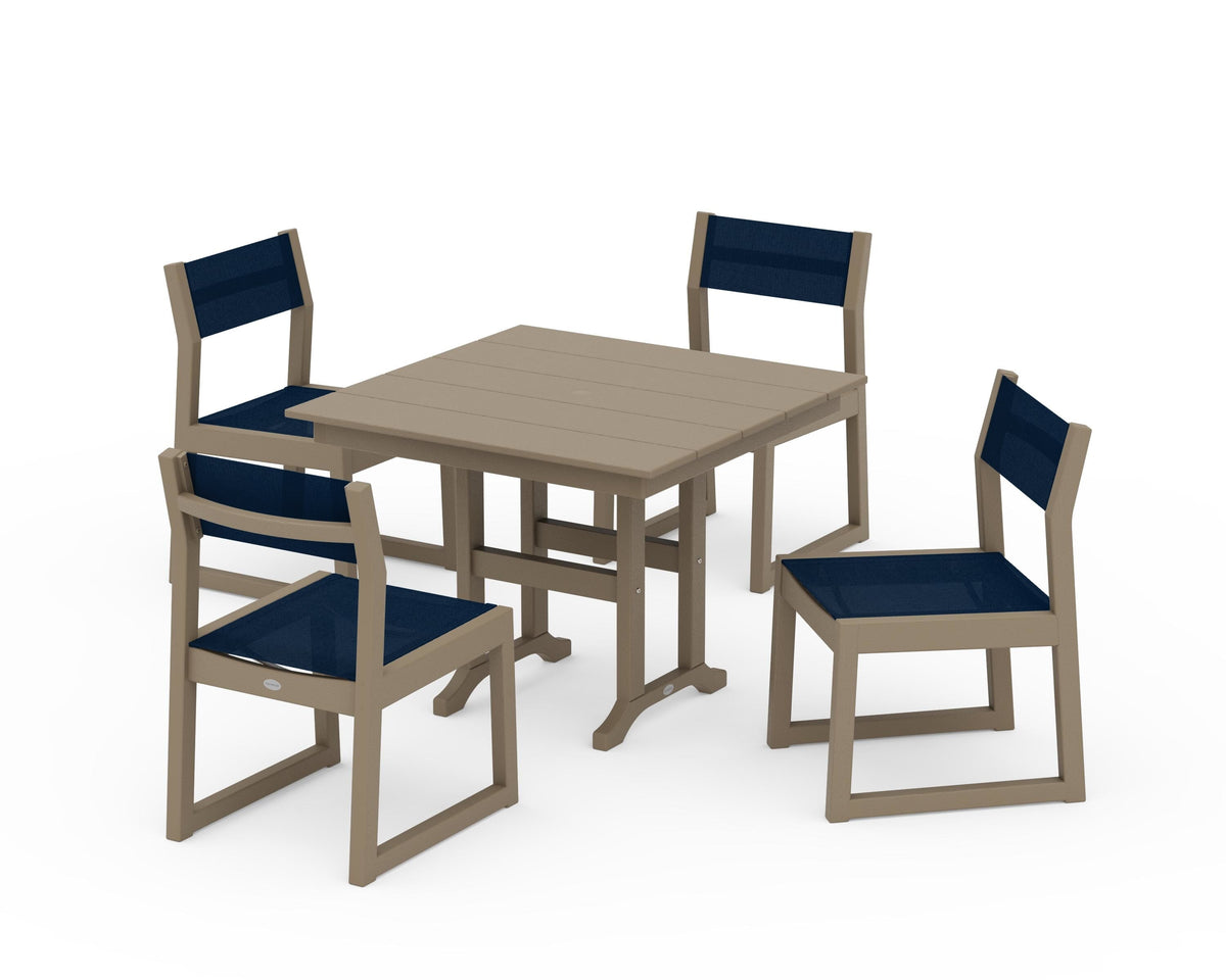 POLYWOOD EDGE Sling Side Chair 5-Piece Farmhouse Dining Set in Vintage Sahara / Navy Blue