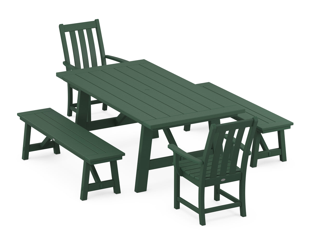 POLYWOOD Vineyard 5-Piece Rustic Farmhouse Dining Set with Benches in Green