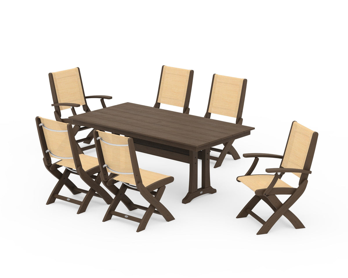 POLYWOOD Coastal Folding Chair 7-Piece Farmhouse Dining Set with Trestle Legs in Kona / Dupioni Apricot