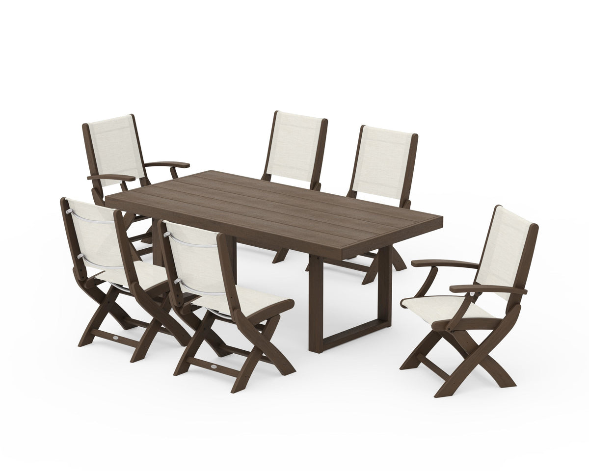 POLYWOOD Coastal Folding Chair 7-Piece Dining Set with Trestle Legs with EDGE 40" x 78" Dining Table in Kona / Parchment