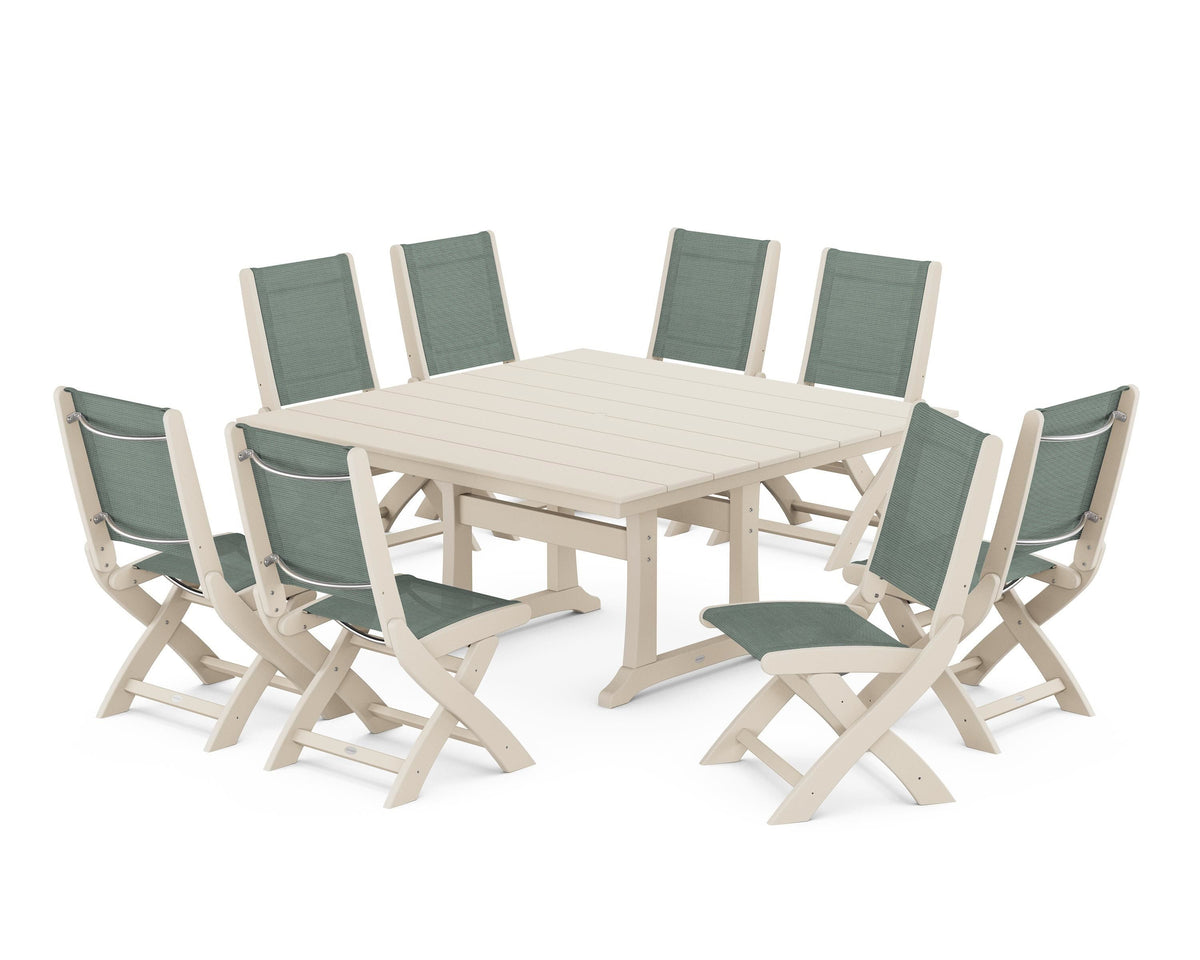 POLYWOOD Coastal Folding Side Chair 9-Piece Farmhouse Dining Set in Sand / Dupioni Sea Mist