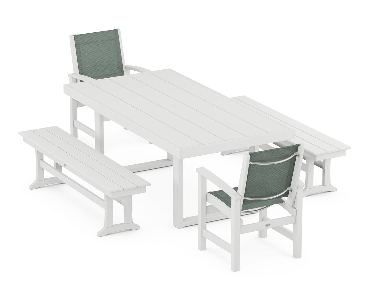 POLYWOOD Coastal 5-Piece Dining Set with Trestle Legs with EDGE 40" x 78" Dining Table in White / Dupioni Sea Mist