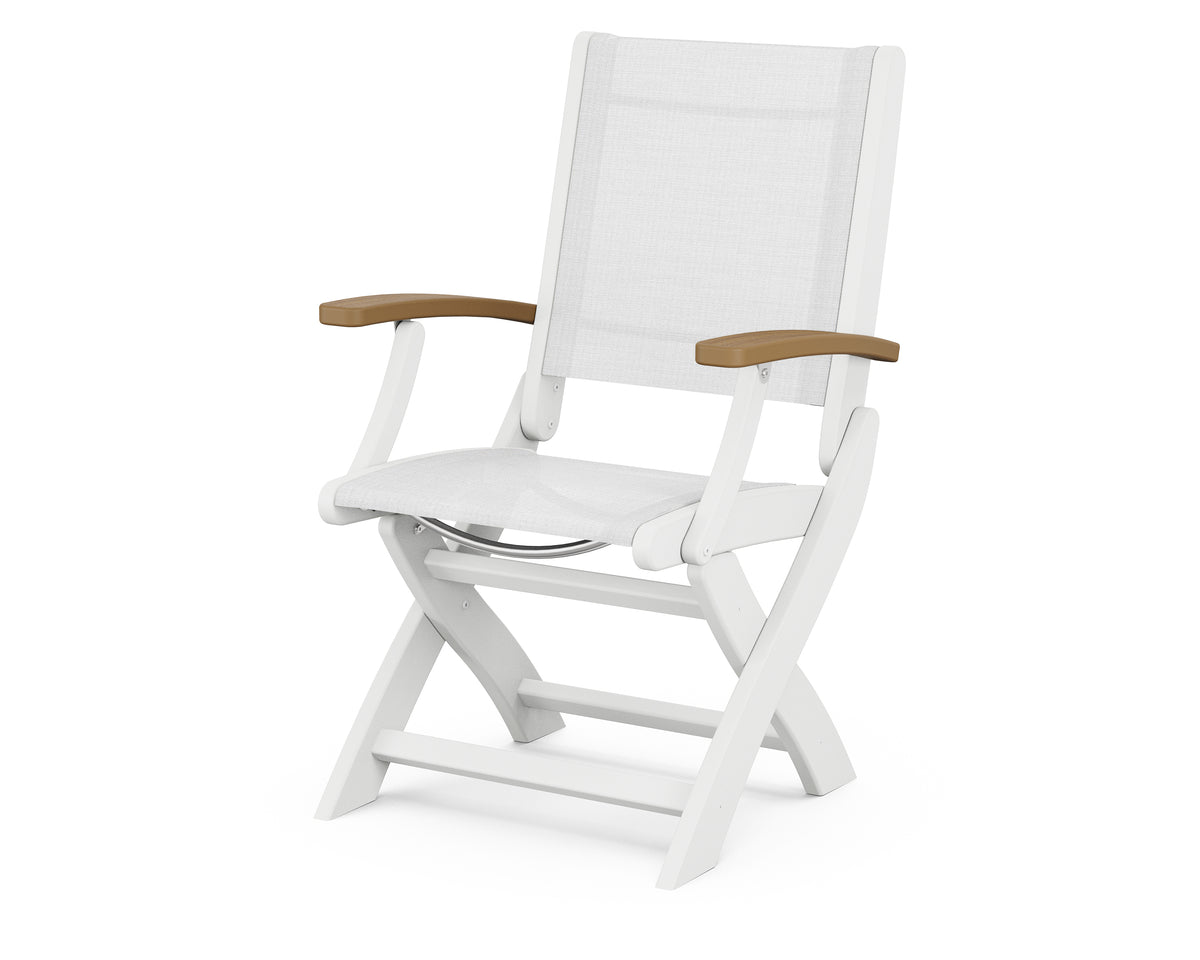 POLYWOOD Coastal Folding Chair in White with Natural arms and White sling